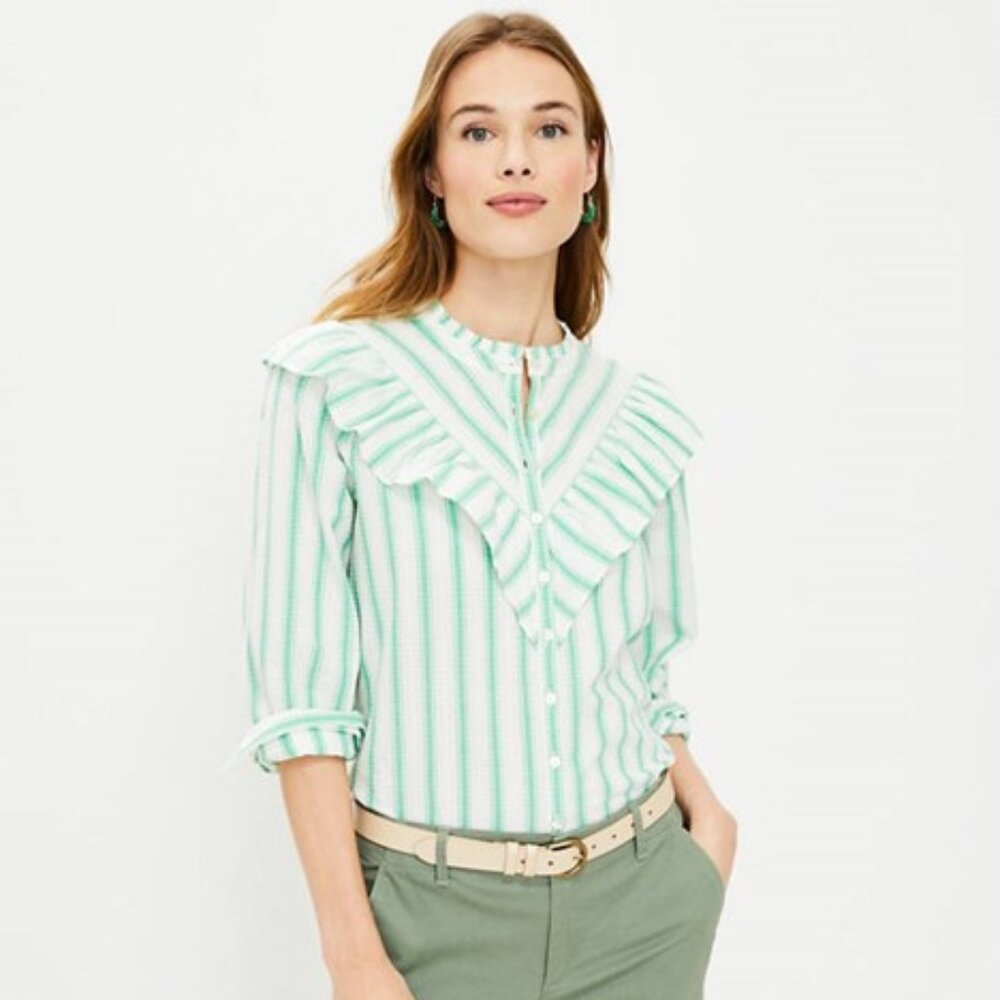 LOFT Women Dobby Stripe Ruffle Blouse XS